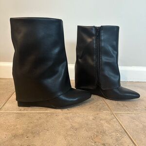 Women's Black Fold-Over Wedge Shark Booties